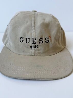 RARE VTG Guess Jeans GOLF Hat Cap Adult One Size Beige Adjustable Leather Strap